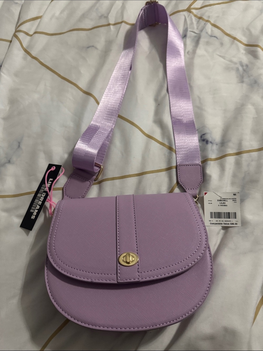 Lilac Crossbody Saddle Bag with Gold-Tone Turn Lock
